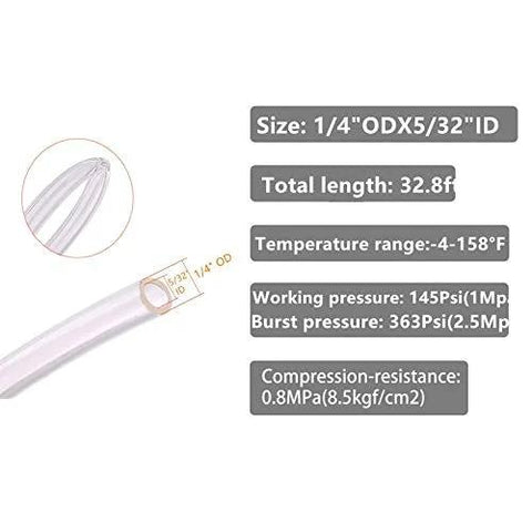 Close-up of clear PU pneumatic tubing 1/4 in OD x 5/32 in ID, 32.8 ft length for air/water transfer