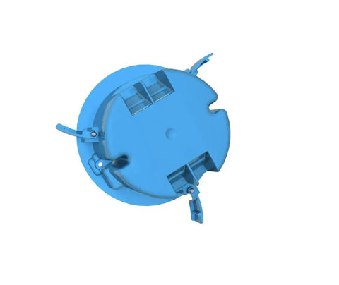 Four And A Quarter Inch Round Old Work Ceiling Box Non Metallic Construction Eighteen Cubic Inches Diameter Four And A Quarter Inch Fixture Box For DIY Electrical Projects Ceiling Lighting Switches And Outlets Durable Plastic Pro Grade top view