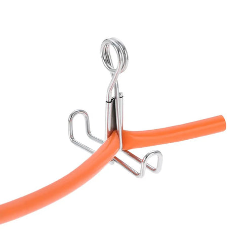 Flat Jaw Lab Tubing Clamp Set For Flow Control Hoses, Heavy-Duty Spring Clamps holding orange tubing, iron build, 5-piece set