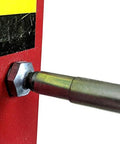 LockNLube recessed fitting adapter; silver metal shaft with hex nut mounted on a red panel.