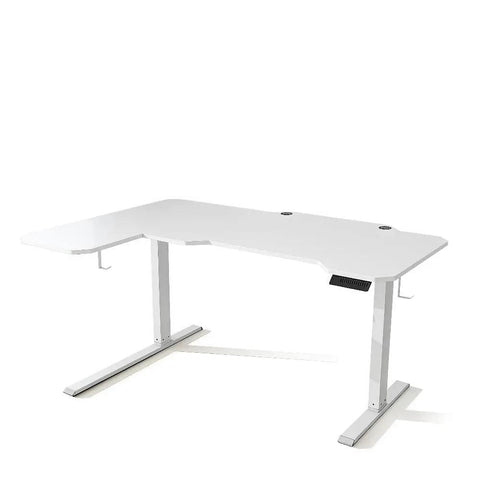 Fly Electric Height Adjustable L Shaped Standing Desk With Smooth Sit Stand Motion Heavy Duty Steel Frame And Pristine White Wood Top, side view.