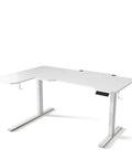 Fly Electric Height Adjustable L Shaped Standing Desk With Smooth Sit Stand Motion Heavy Duty Steel Frame And Pristine White Wood Top angled view showing motorized smooth surface and sturdy legs.