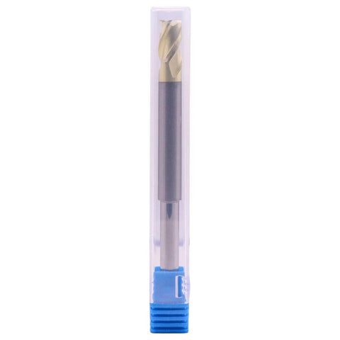 Front view: BestParts solid carbide end mill for aluminum in clear plastic case with blue base; 3-flute, 5/16 diameter.