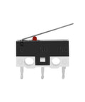 Front view of AC 125V 2A Micro SPDT Limit Switch with long hinge lever, 3 pin rocker style for Arduino, compact size 12.6x6.5x5.7mm
