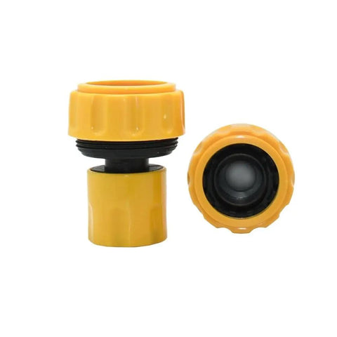 20 Pack Quick Connect Garden Hose Fittings Set With 1/4 Inch To 1 Inch Sizes For Quick No Fuss Hose Repair, Drip Irrigation, And Watering System Connectors Made From Durable Plastic. Yellow plastic quick-connect hose fitting shown front and side for garden repair and irrigation.