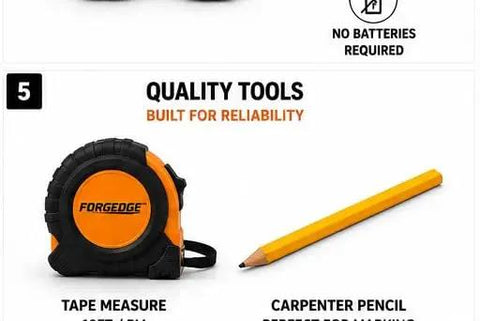 FORGEDGE Magnetic Stud Finder Set, 2-Pack with Level, Tape Measure, Carpenter Pencil & Storage Case, showing tape measure and pencil.