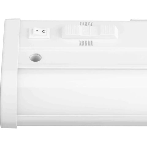 Close-up of Hide-A-Lite Collection 1-Light 36-Inch Satin White LED Linear Undercabinet Light showing switch and control details.