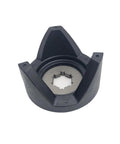 Front view of Cam Helix clutch housing, black plastic with metal center bearing.
