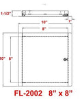 Premier 2002 Series steel access door, 8x8 flush universal mount, white with keyed cylinder latch, front and side views