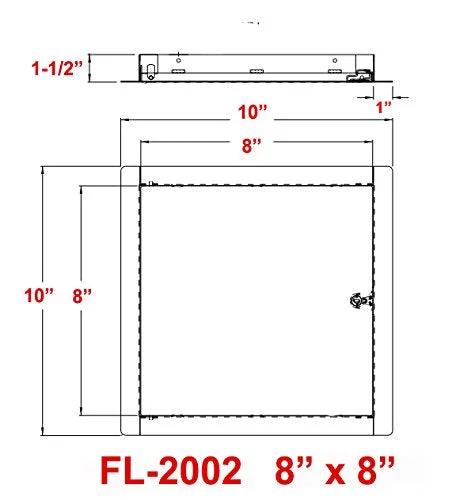 Premier 2002 Series steel access door, 8x8 flush universal mount, white with keyed cylinder latch, front and side views