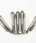 Hella Badass Grade 5 Titanium Hex Flange Bolts M6 X 55mm With 1 0 Thread Pitch And 8mm Allen Hex Head arranged on fabric.