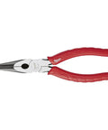 8-Inch Long Nose Pliers With Reaming Head And Onboard Fish Tape Pulling, 2-Inch Reach And Notched Teeth For Solid Grip, Reams Pipes Up To 1.5-Inches, Versatile Electrician And Plumbing Tool For Tight Work, red handles