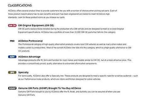 GM Genuine Parts classification page showing GM Original Equipment and ACDelco logos.