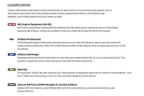 ACDelco product classifications with descriptions and logos for GM OE, Professional, Advantage, Specialty, and GM Original Equipment Parts.