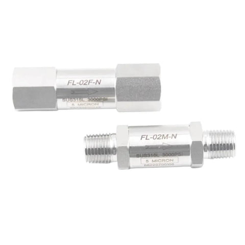 Inline stainless steel in-line filter, 5 micron, 1/2 in NPT connections, 3000 psi; two units shown