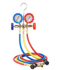 Front view of VEVOR 3-way AC manifold gauge set with blue and red gauges and blue, yellow, red hoses with can tap