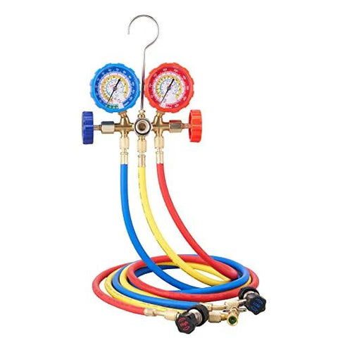 Front view of VEVOR 3-way AC manifold gauge set with blue and red gauges and blue, yellow, red hoses with can tap