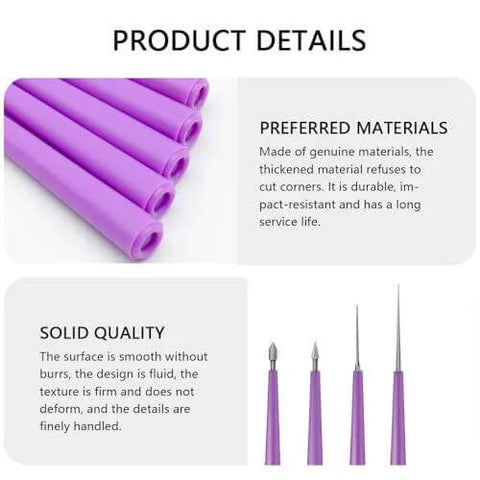 Front view of 4-piece bead reamer set with purple handles and diamond-tipped tips for enlarging bead holes