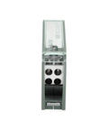 Front view of 1 In 4 Out DIN Rail Terminal Block 690V Connector Distribution Block with see-through cover, solid brass conductor.
