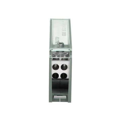 Front view of 1 In 4 Out DIN Rail Terminal Block 690V Connector Distribution Block with see-through cover, solid brass conductor.