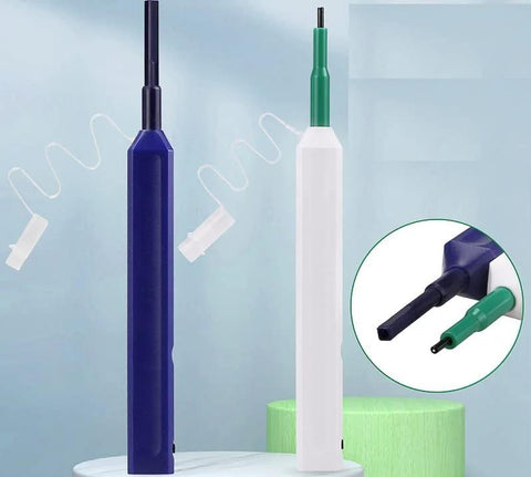 Front view: Enajucy 2pcs fiber optic cleaner pens, blue and white with color-coded tips for LC/SC connectors.