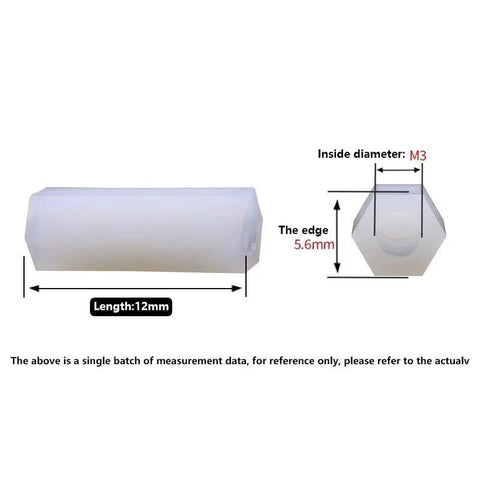 Real Deal White Nylon Hex Standoff 100 Pack M3x12mm Dual Ended Spacers Built Tough For Electronics Projects showing dimensions.