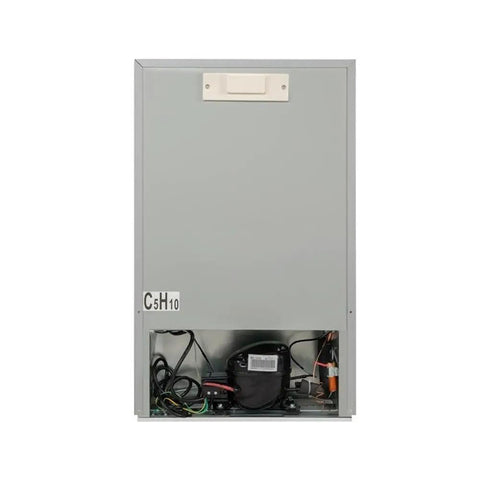Top Notch 3 Cubic Ft Compact Upright Freezer Fingerprint Resistant Stainless Steel Finish back view with compressor and wiring.