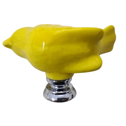 Fresh Vintage Style Yellow Ceramic Bird Cabinet Knob Set With Four Pack Drawer Pulls For Cupboards And Kitchen Cabinets Featuring High Gloss Finish And Dead Simple Install Bold Home Refresh, side view of yellow bird knob.