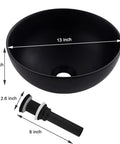 Sleek Black Vessel Sink With Drain Included, 13x13 Round Above Counter Bathroom Vanity Sink, Porcelain Ceramic Vessel, Modern Matte Finish