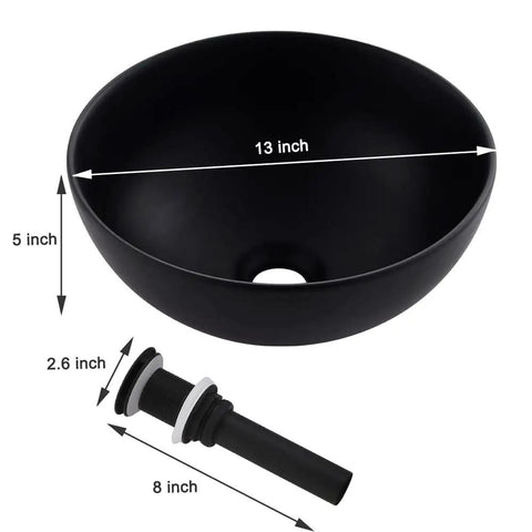Sleek Black Vessel Sink With Drain Included, 13x13 Round Above Counter Bathroom Vanity Sink, Porcelain Ceramic Vessel, Modern Matte Finish