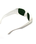 Heavy Duty Laser Safety Glasses, Big Time Telecom And Nd:Yag Diode Eye Protection with green lenses and white frame, side view.