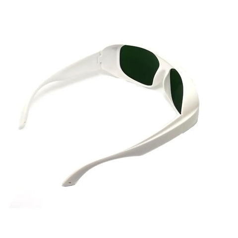 Heavy Duty Laser Safety Glasses, Big Time Telecom And Nd:Yag Diode Eye Protection with green lenses and white frame, side view.
