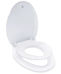 Elongated Toilet Seat With Built In Toddler Seat And Soft Close For Easy Potty Training Family Friendly White Toilet Seat Fits Most Standard Toilets With 5.5 Inch Hole Spacing 18.5 Inch Long, open view