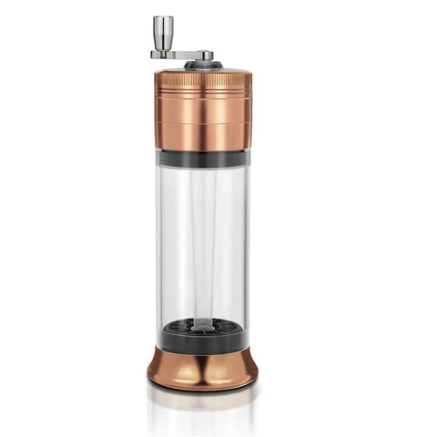 3-In-1 Spice Grinder With Hand Crank, Roller Crusher And Cone Filler, copper color body, clear viewing chamber visible
