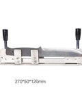 Heavy Duty Stainless Steel Handheld Knife Sharpener Jig With Adjustable Angle Grinding Workbench showing knife secured in mount.