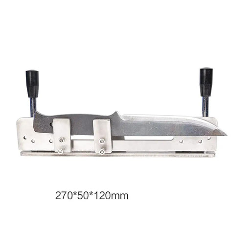 Heavy Duty Stainless Steel Handheld Knife Sharpener Jig With Adjustable Angle Grinding Workbench showing knife secured in mount.