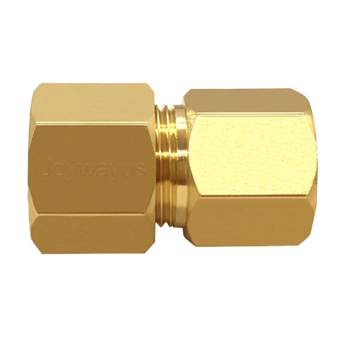 Side view of Joywayus brass compression tube female union connector, 3/8 in tube OD to 1/4 in compression