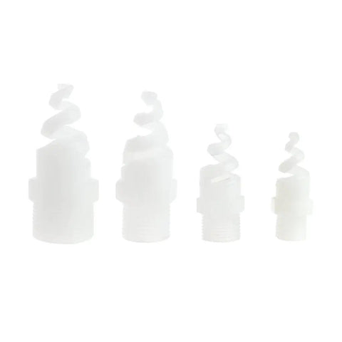 Five Piece Heavy Duty Plastic Spiral Full Cone Spray Nozzle Tips For Garden Irrigation featuring various sizes of white polypropylene fittings.