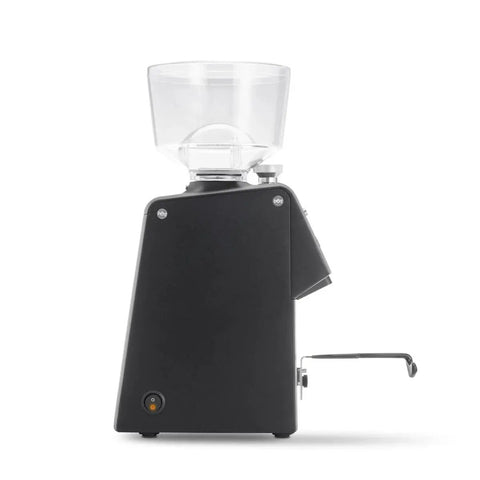 Compact 64mm Flat Steel Burr Coffee Grinder For Home Espresso cold brew with transparent bean hopper and sleek black design.
