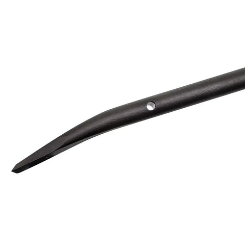 Round Connecting Bar Seven Eighths Inch By 36 Inch With 15 Degree Angled Chisel, tether hole visible, steel alignment tool