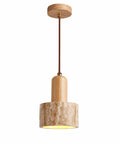 Wood Pendant Light with Natural Travertine Shade, Mini E27 Socket Droplight featuring cone-shaped travertine shade.