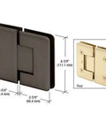 Oil Rubbed Bronze 180 Degree Glass To Glass Plymouth Series Wide Shower Door Hinge, dimensions shown, front and rear view