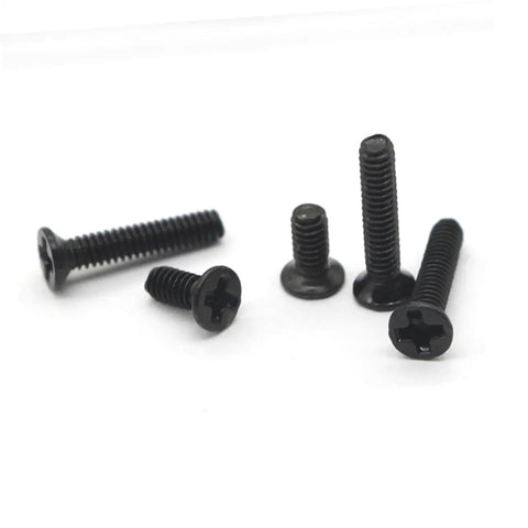 Close-up of black fasteners from 18 Piece Small Screw Set With Flat Countersunk Head Fasteners For Glasses And Watches Diy Projects Miniature