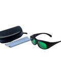 Badass Red Laser Protective Glasses With Heavy Duty OD6 Plus Optical Density Coverage For 620 To 700 Nm Wavelengths And Premium Clear Lens Safety Optics For Workshops And Labs in a black case with a microfiber cloth.