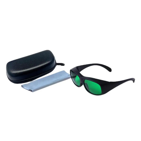 Badass Red Laser Protective Glasses With Heavy Duty OD6 Plus Optical Density Coverage For 620 To 700 Nm Wavelengths And Premium Clear Lens Safety Optics For Workshops And Labs in a black case with a microfiber cloth.