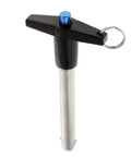 Premium Stainless Steel T Handle Ball Lock Pin With Quick Release Lever For Tough Industrial Maintenance And Construction Site Projects Durable Black 30mm Secure Fastening Tool, black handle with blue screw detail.