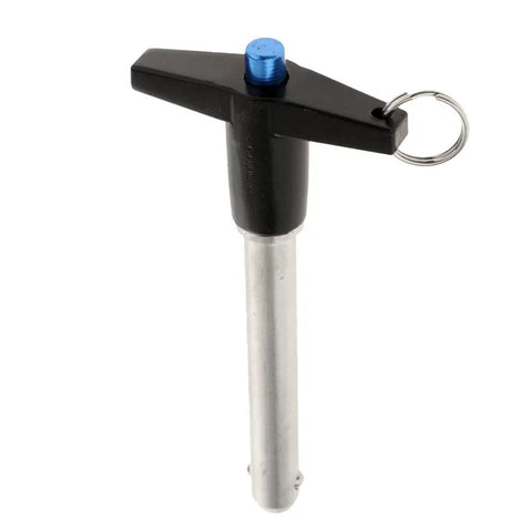 Premium Stainless Steel T Handle Ball Lock Pin With Quick Release Lever For Tough Industrial Maintenance And Construction Site Projects Durable Black 30mm Secure Fastening Tool, black handle with blue screw detail.