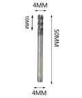 Front view of a 4mm carbide end mill, 50mm overall length, 4-flute milling cutter, Amazon BISS 5-piece set