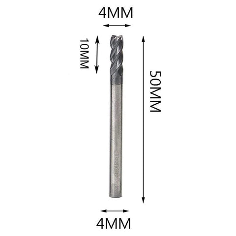 Front view of a 4mm carbide end mill, 50mm overall length, 4-flute milling cutter, Amazon BISS 5-piece set