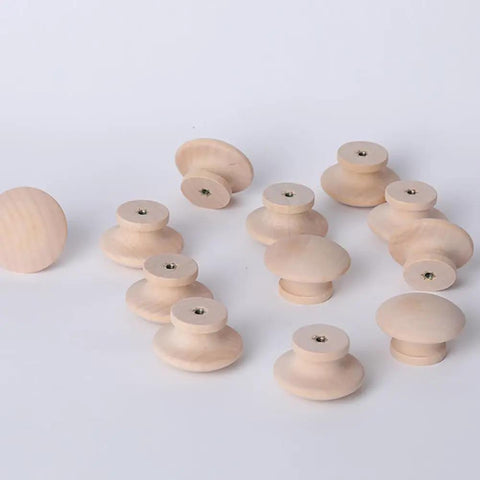Twenty Piece Set Of One Half Inch Round Unfinished Wood Drawer Knobs Mushroom Shaped Cabinet Pulls With Mounting Screws For Quick Diy Makeover Giving Your Space A Clean Slick Home Refresh, showing various angles of wood knobs.